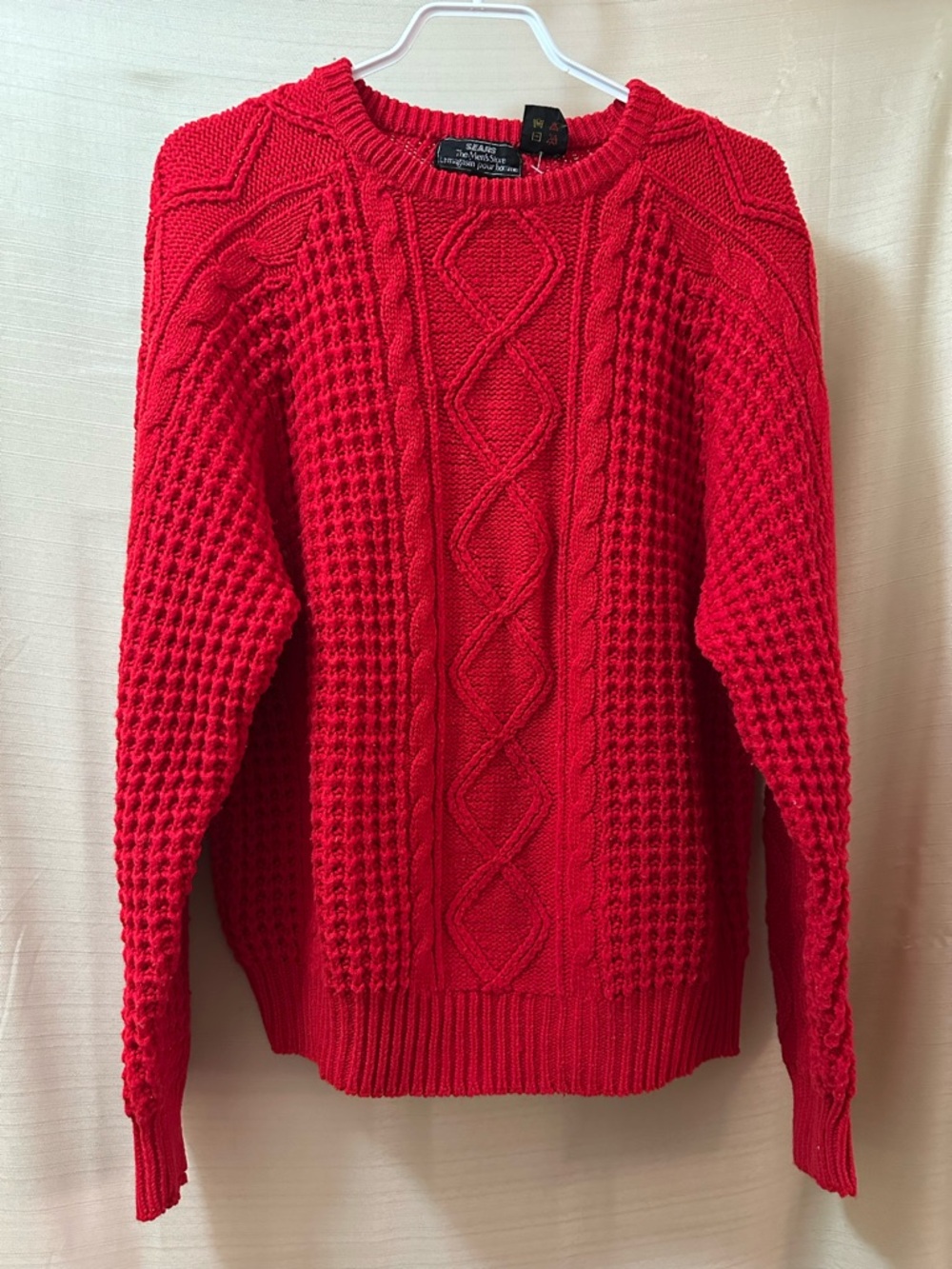 Sears Mens Vintage Red Cable Knit Sweater Chunky Fisherman Size M 80s 90s
